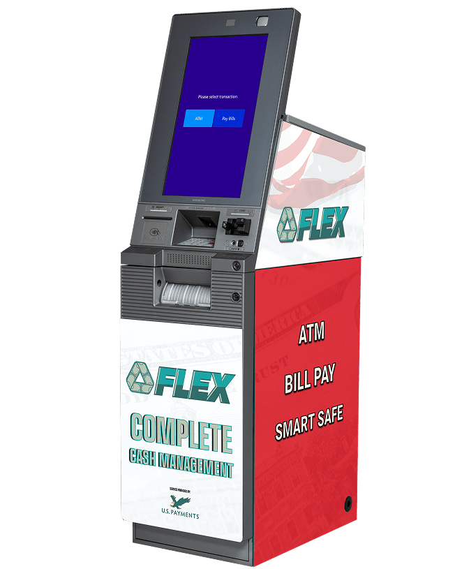 Self-service FLEX terminal with touchscreen for ATM, bill pay, and smart safe functions.