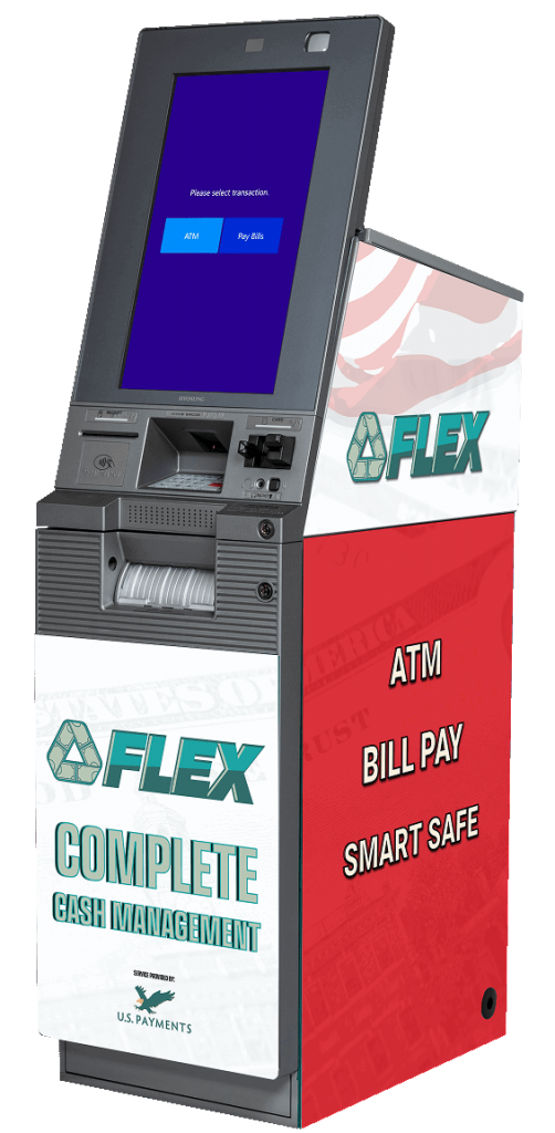 A self-service FLEX kiosk for ATM, bill pay, and cash management, with a touchscreen display.