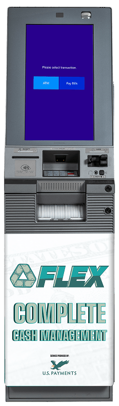 ATM machine with a screen displaying options for ATM and Pay Bills, branded FLEX Complete Cash Management.