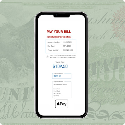 Smartphone screen shows an online bill payment form; background features a faded image of U.S. currency.