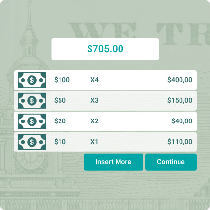 ATM screen showing $705.00 with bill denominations and amounts, and Insert More and Continue buttons.