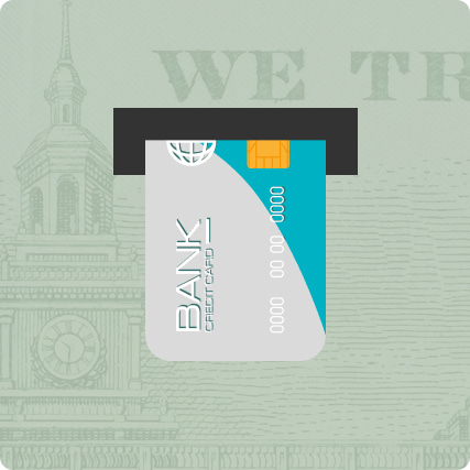 Illustration of a credit card being inserted into an ATM with a bank building faintly in the background.