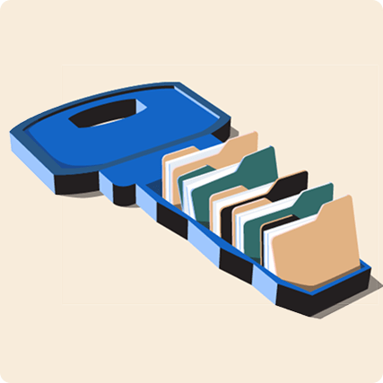 A blue key-shaped box containing several file folders arranged in rows.