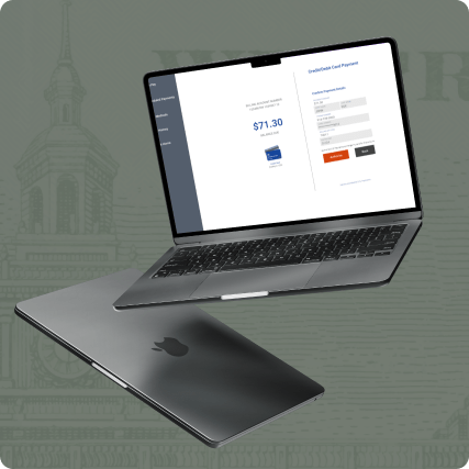 Two MacBook laptops, one open showing a payment screen and one closed, on a muted green background.