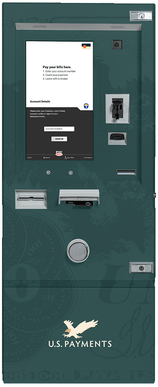 Dark green U.S. Payments kiosk with a touchscreen, card reader, cash slot, and receipt dispenser.