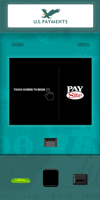 Touchscreen payment kiosk displaying Touch screen to begin and the Pay Site logo, with a hand icon.
