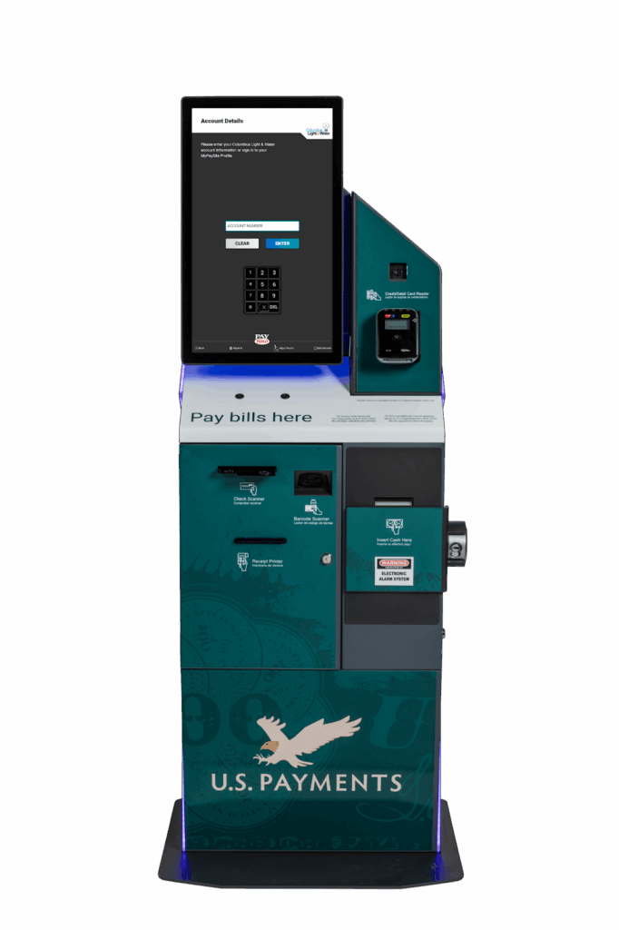 A teal U.S. Payments kiosk with a touchscreen for paying bills and a card reader.