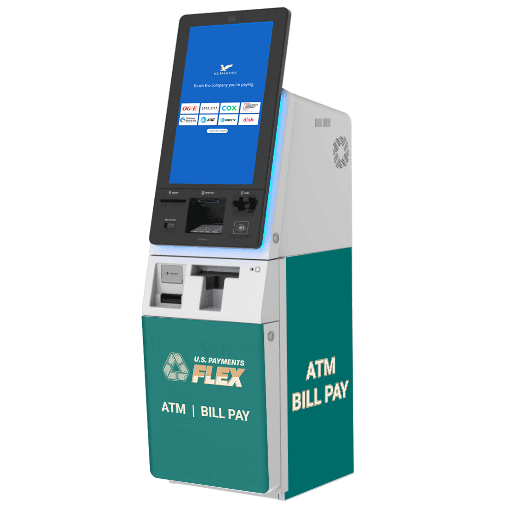 A U.S. Payments Flex ATM and bill pay kiosk with a touchscreen and payment card options.
