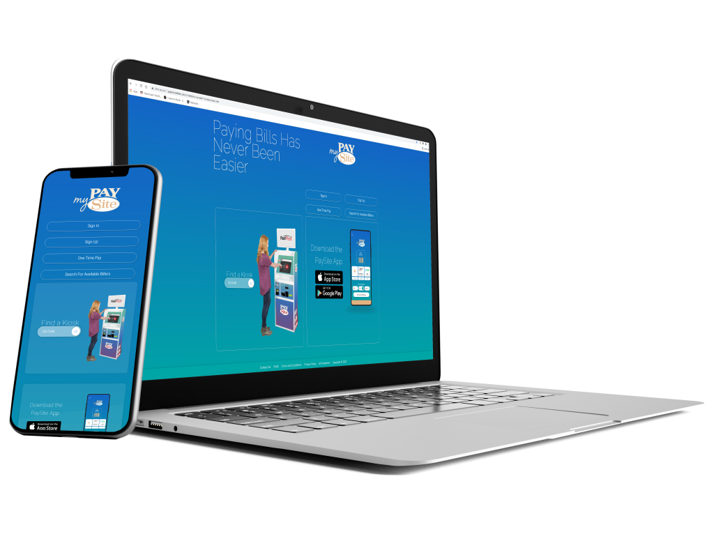 A laptop and smartphone display a bill payment website with a blue gradient background.