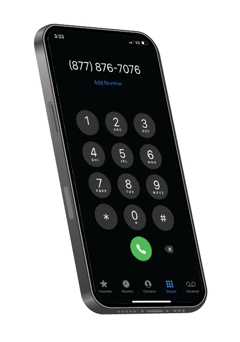 A smartphone displaying a phone dialer screen with the number (877) 876-7076 entered.