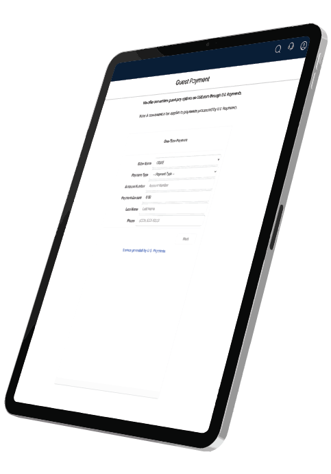 A tablet displaying an online guest payment form on a white background, viewed at an angle.